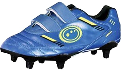 Optimum Tribal Fußball Rugby Stiefel Obermaterial Synthetik PU Touch Verschluss Trainer, blau / grün, 2 Junior